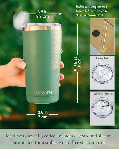 Travel Coffee Tumbler 20oz, Leakproof Travel Coffee Mug with Dual Lids and Straw, Stainless Steel Double Wall Vacuum Insulated Tumbler for Hot/Iced Drinks (Sage Green, Textured Matte)