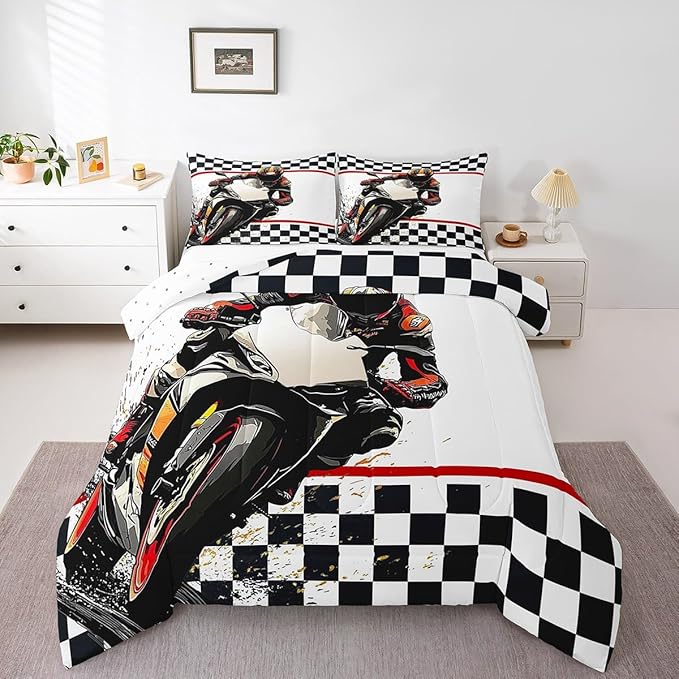 Feelyou Dirt Bike Comforter Set Queen Size Racing Motocross Rider Comforter for Boys Girls Teens Extreme Sports Bedding Set Flag Duvet Set Room Decor Off White Quilt Set