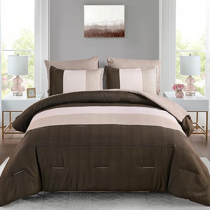 Anibedding King Size Comforter Set 7 Pieces, Chocolate Brown Bedding Set Patchwork Striped Bed in a Bag, Soft Microfiber Comforter Set with Sheets for All Season