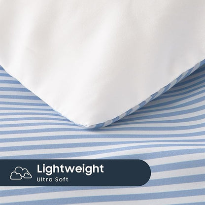 Wake In Cloud - Striped Comforter Set with Sheets, Ticking Stripe Vertical Pinstripe Neutral Farmhouse Pattern Printed, 5 Pieces Bed in a Bag, Blue White, Twin Size