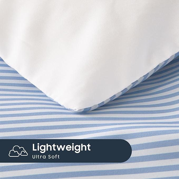 Wake In Cloud - Striped Comforter Set with Sheets, Ticking Stripe Vertical Pinstripe Neutral Farmhouse Pattern Printed, 7 Pieces Bed in a Bag, Blue White, Queen Size