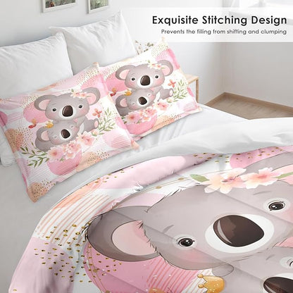 Comforter Set Full Size, Cute Koala Bear 3 Pcs Soft Bedding Set for Kids and Adults, Floral Animal Flower Comforter Set with 2 Pillowcases, for Bedroom Bed Decor