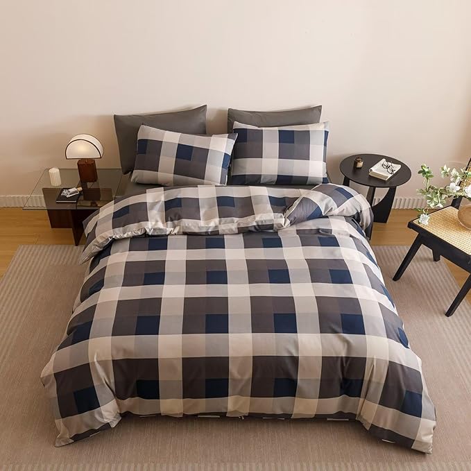 Cottonight Checkered Blue Comforter Set Twin Gingham Grid Bedding Set Navy and Khaki Grid Comforter Fluffy Soft Bedding Set Kids Teens Twin Comforter with 2 Pillowcases