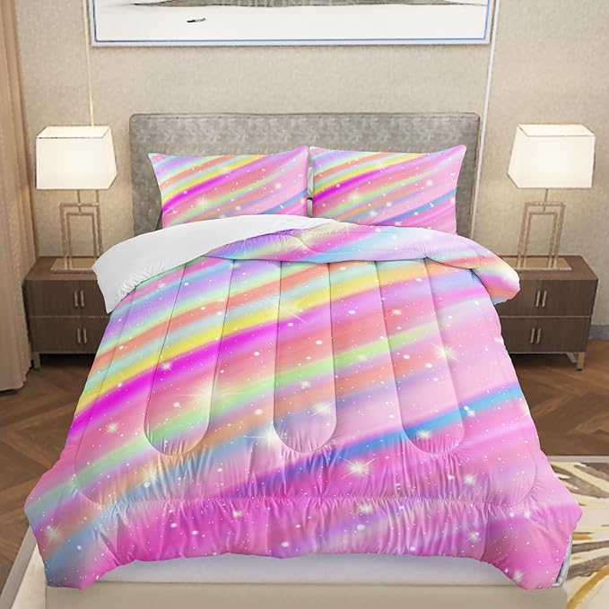 Pink Rainbow Gradient Star Comforter Set Twin Size,Colorful Bedding Set for Boys Girls Teens,Tie Dye Pastel 3 Pieces Duvet Sweet Bedroom Decor
