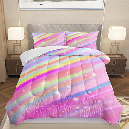 Pink Rainbow Gradient Star Comforter Set Twin Size,Colorful Bedding Set for Boys Girls Teens,Tie Dye Pastel 3 Pieces Duvet Sweet Bedroom Decor