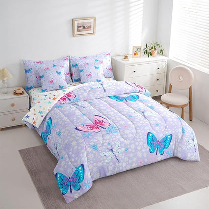 Feelyou Butterfly Dragonfly 7 Piece Bedding Set Cute Flower Comforter Set with Sheets for Kids Boys Girls Purple Bed in a Bag Animal Theme Bed Set Soft Lightweight