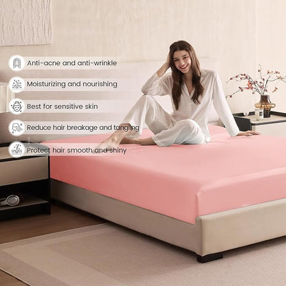 THXSILK 6A+ Top Grade 100% Pure Mulberry Silk Queen Fitted Sheet 3Pcs Set Bed Sheets Luxury Bedding for Hair and Skin Health Oeko-TEX Certified Safety, 1 Fitted Sheet with 2 Pillowcases, Charming Pink