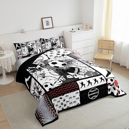 Feelyou Football Comforter Set Toddler Size Basketball Comforter for Boys Girls Teens Rugby Sports Bedding Set Baseball Duvet Set Room Decor Balck White Grey Mixed Ball Quilt Set