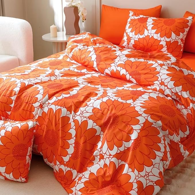 CLOTHKNOW Orange Twin Comforter Set 3Pcs Sunflower Bedding Comforter Sets Dark Orange White Farmhouse Botanical Comforter with 2 x Pillow Cases