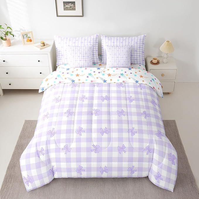 Feelyou Purple Bow Comforter Set with Sheets Full Size Kids Bowknot Pliad 7 Pieces Bedding Set for Boys Girls Teens Gift for Girls Women Grid Bed in a Bag Breathable Princess Décor Bed Set