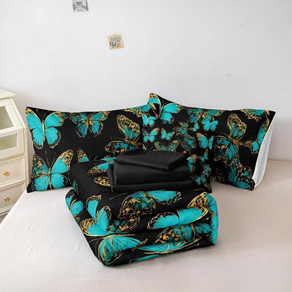 Black Gold Bedroom Comforter Set Teal Aqua Bedding Sets King Size Blue Butterfly Boho Chic Comforter Super Soft Cozy Black Bed in A Bag