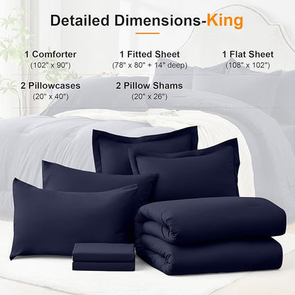 King Size Comforter Set 7 Pieces - Soft Bed in a Bag King Bed Set, Cozy Luxury Bedding Sets with All Season Comforter, Flat Sheet, Fitted Sheet, 2 Pillowcases & 2 Shams, Navy Blue