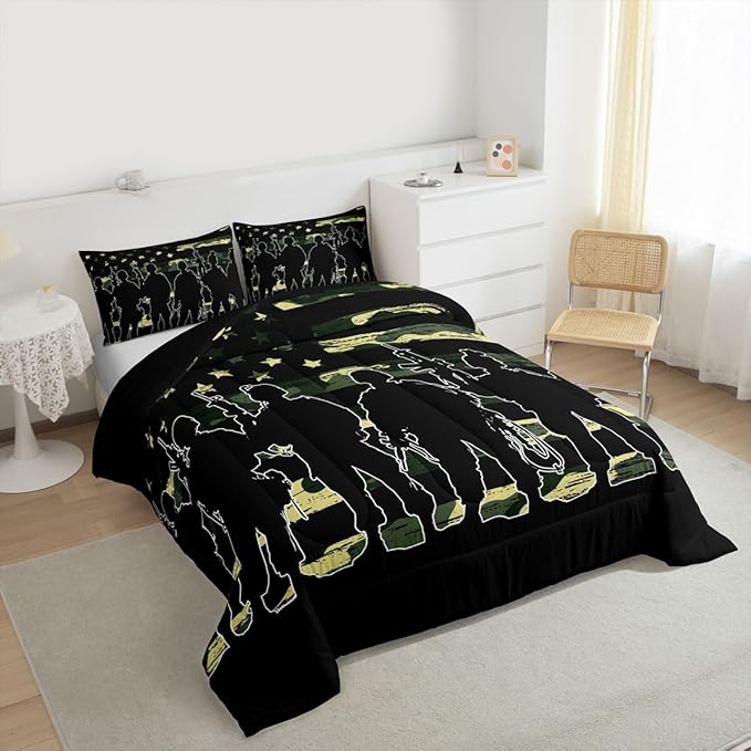 American Flag Comforter Set Full for Boy Teen ArmyGreen Camouflage Down Comforter Adult Men Soldier Silhouettes Quilted Duvet Military Style Camo Bedding Comforters, 1 Comforter Set + 2 Pillowcases