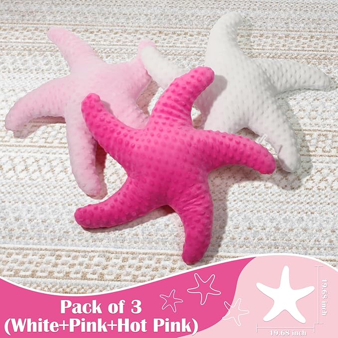Marble Empire Starfish Pillow for Couch and Bed, 3-Piece Set of Coastal Decor Throw Pillows in White, Pink, Hot Pink, Ocean Beach Theme Living Room Accent