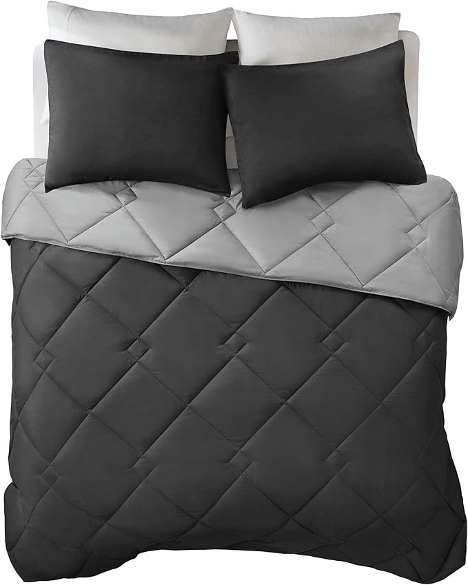 Comfort Spaces Vixie Reversible Comforter Set - Trendy Casual Geometric Quilted Cover, All Season Down Alternative Cozy Bedding, Matching Sham, Black/Gray, Twin/Twin XL 2 piece