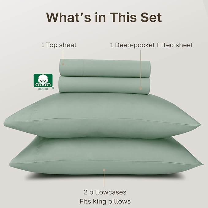 California Design Den 100% Egyptian Cotton Sheets King Size Set - Certified Authentic Deep Pocket Sateen King Bed Sheets for Hot Sleepers, Breathable and Durable Luxury Bedding Set - Mint Green