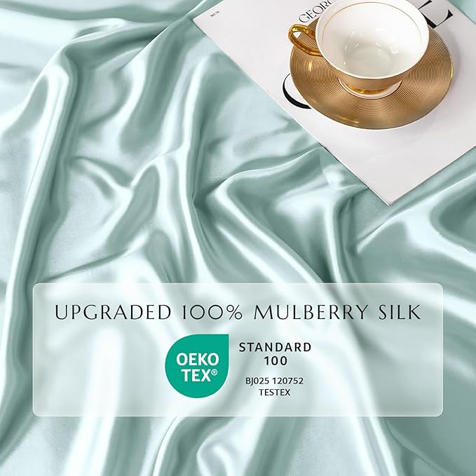 THXSILK 100% Mulberry Silk Fitted Sheet Set, 7A+ Silk 3 Pieces Bed Sheets, Breathable, Smooth, 16 Inch Deep Pocket Fitted Sheet, 2 Pillowcases - Light Blue, King