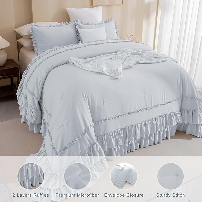 QSH Light Blue Ruffle Oversized King Comforter 128x120,3PCs Farmhouse Shabby Vintage Chic Ruffled Bed Comforter Set French Country Rustic California King Bedding Comforter Set Soft and Lightweight