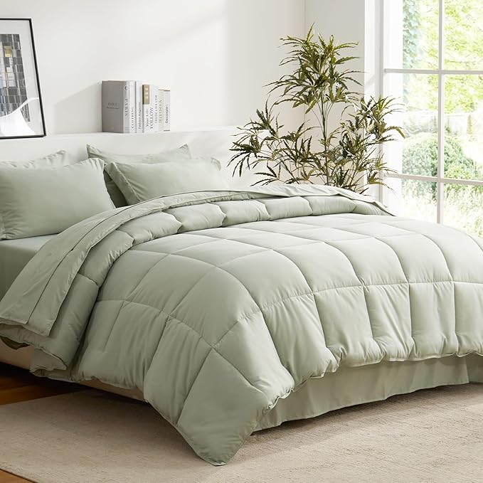 COZYART Full Comforter Set 7 Pcs, Sage Green Bed in a Bag, All Season Lightweight Soft Reversible Bedding Set, 1 Comforter, 1 Flat Sheet, 1 Fitted Sheet, 2 Pillow Shams, 2 Pillowcases