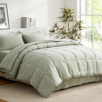 COZYART King Comforter Set 7 Pcs, Sage Green Bed in a Bag, All Season Lightweight Soft Reversible Bedding Set, 1 Comforter, 1 Flat Sheet, 1 Fitted Sheet, 2 Pillow Shams, 2 Pillowcases