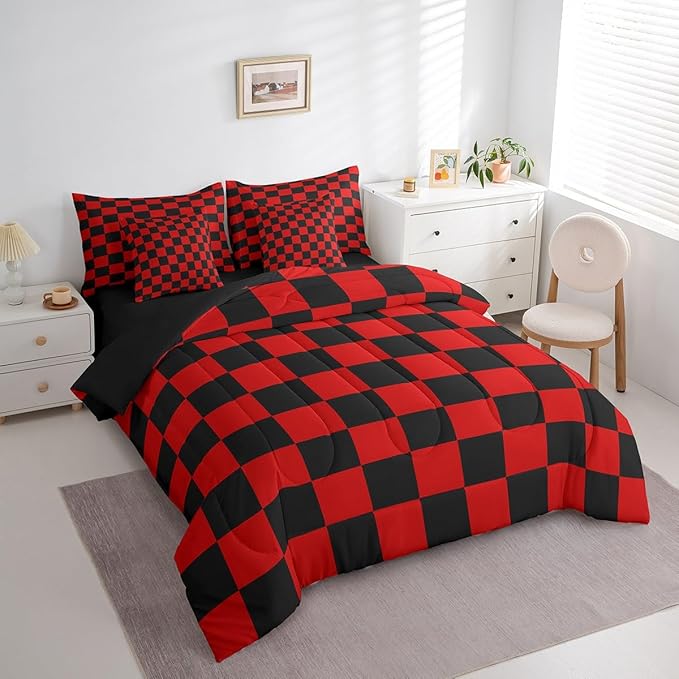 Feelyou Checkered 7 Piece Bedding Set Teen Red Black Plaid Comforter Set with Sheets Queen Size Kids Boys Cute Retro Neutral Checkerboard Geometric Bed in a Bag Vintage Aesthetic Room Decor