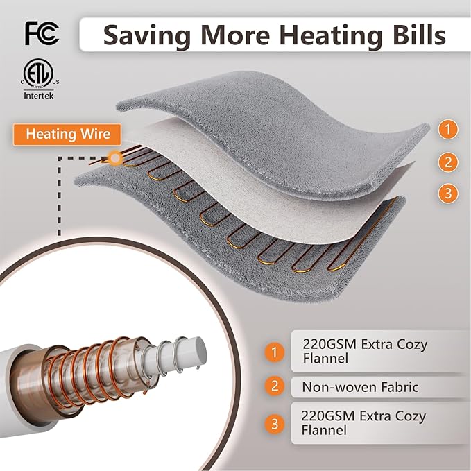 Wapaneus Heated Blanket Full 72" x 84" Electric Throw 10 Heating Levels 12 Hours Time Setings and Auto-Shut Off, Flannel Fast-Heating Electric Blanket, Grey