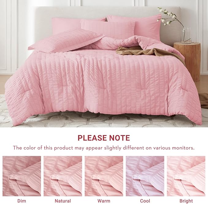 MUXHOMO 5 Pieces Twin XL Comforter Set, Seersucker Bed in a Bag Twin XL Size, All Season Luxury Bedding Set with Comforter, Flat Sheet, Fitted Sheet, Pillowcase & Sham, Pink