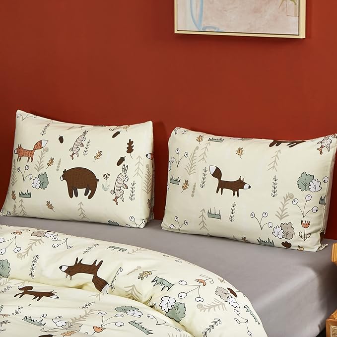 CLOTHKNOW Yellow Twin Comforter Set Kids Bedding Comforter Sets Soft Animal Cartoon Comforter Fox Rabbit Beige Bedding with 2 x Pillow Cases