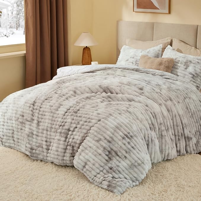 BEDELITE Fleece Twin Comforter Set -Super Soft & Warm Fluffy Grey&White Bedding, Luxury Fuzzy Heavy Bed Set for Winter with 1 Pillow case