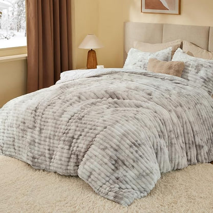 BEDELITE Fleece Twin Comforter Set -Super Soft & Warm Fluffy Grey&White Bedding, Luxury Fuzzy Heavy Bed Set for Winter with 1 Pillow case