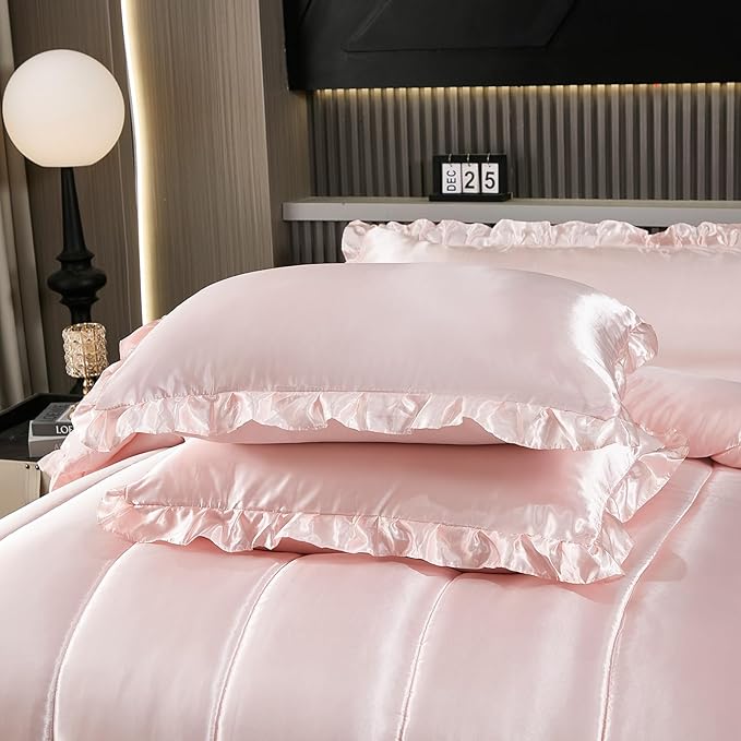 Satin King Comforter Set Silk Like Satin Bedding Set 4 Pcs Hotel Soft Polyester Pink Bed Set Luxury Silky Body Pillow Cover Ruffle Down Comforter Home Decor