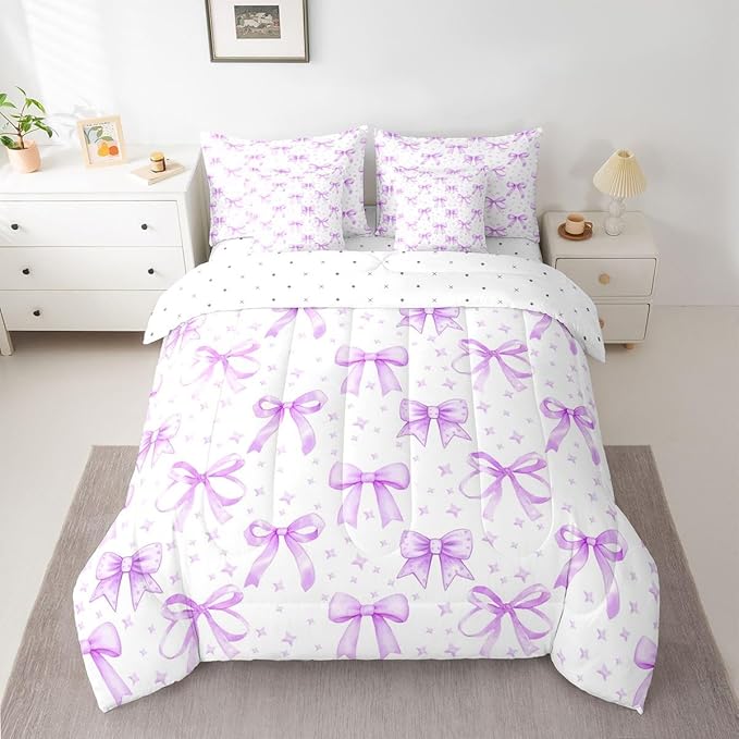 Erosebridal Bow Girls Cute Purple Full Comforter Set 7 Pieces | Starry Bed in A Bag for Bedroom Dreamy Bedding Set with Comforters Bowknot Kawaii Room Decor