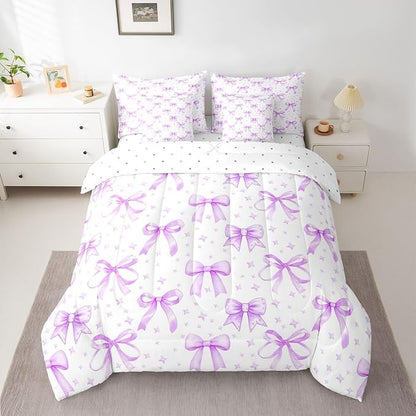 Erosebridal Bow Girls Cute Purple Full Comforter Set 7 Pieces | Starry Bed in A Bag for Bedroom Dreamy Bedding Set with Comforters Bowknot Kawaii Room Decor