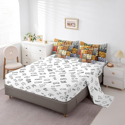 Pixelated Themed Games 7Pcs Comforter Set Full Size,Miner Video Games Bedding Sets for Kids Boys Teens Men Bedroom Decor,Geometric Grid Wall Fitted Flat Sheet Brown Grey 2 Throw Pillow,2 Pillowcases