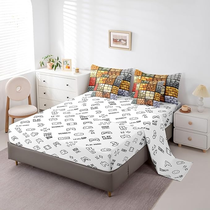 Pixelated Themed Games 7Pcs Comforter Set Twin Size,Miner Video Games Bedding Sets for Kids Boys Teens Men Bedroom Decor,Geometric Grid Wall Fitted Flat Sheet Brown Grey 2 Throw Pillow,2 Pillowcases