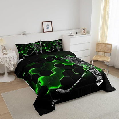Erosebridal Green Neon Printed Hexagonal Bedding for Boys,Hockey Comforter King for Youth,Ice Hockey Quilt Inner Fill,Graffiti Geometric Lines Abstract Duvet Insert with 2 Pillowcases