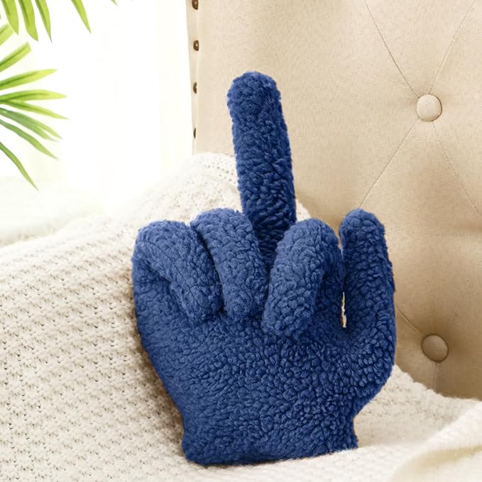Menkxi Small Middle Finger Decorative Pillow 13.78 x 9.84 in Funny Shaped Sherpa Fleece Throw Pillow Warm Soft Emoticon Cushion Middle Finger Decor for Couch Gag Gift(Navy Blue)