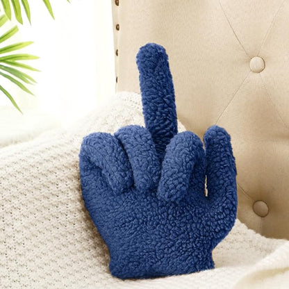 Menkxi Small Middle Finger Decorative Pillow 13.78 x 9.84 in Funny Shaped Sherpa Fleece Throw Pillow Warm Soft Emoticon Cushion Middle Finger Decor for Couch Gag Gift(Navy Blue)