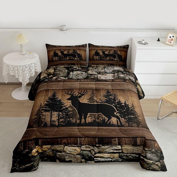 Erosebridal Rustic Deer Full Bedding Set Farmhouse Cabin Comforter Set for Boys Teen Men Hunting Wildlife Deer Theme Bed Comforter Sets,Country Lodge Western Quilt Duvet