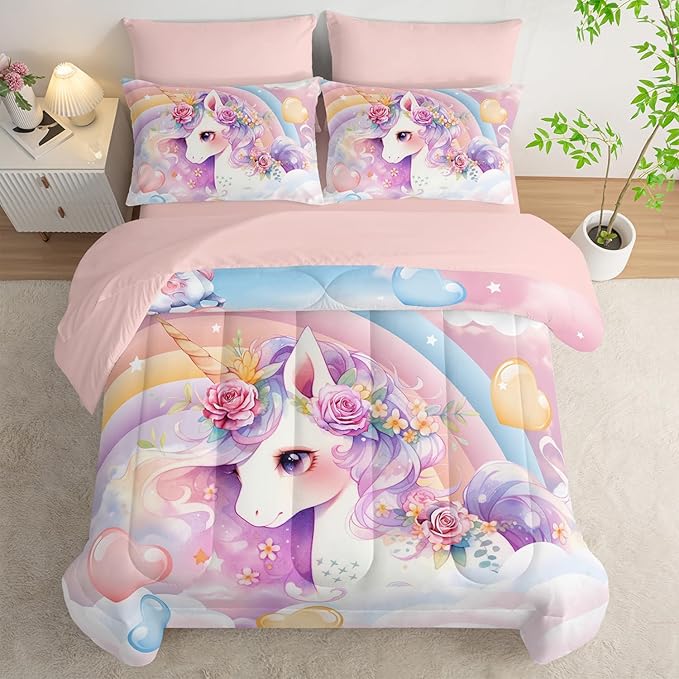Kawaii Rainbow Unicorn Comforter Set Twin for Girls Kids,Cute Cartoon Unicorn 7 Pieces Bedding Sets for Girls Room Decor,Kawaii Down Alternative Comforter Set for All Season