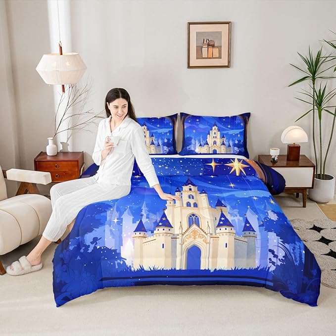Manfei Princess Theme Kids Comforter Set King Size,Cartoon Castle Girlish Bedding Set,Girls Women Room Decor,Glitter Starry Sky Galaxy Dreamy Down Comforter,Blue Romantic Duvet Insert,2 Pillowcases