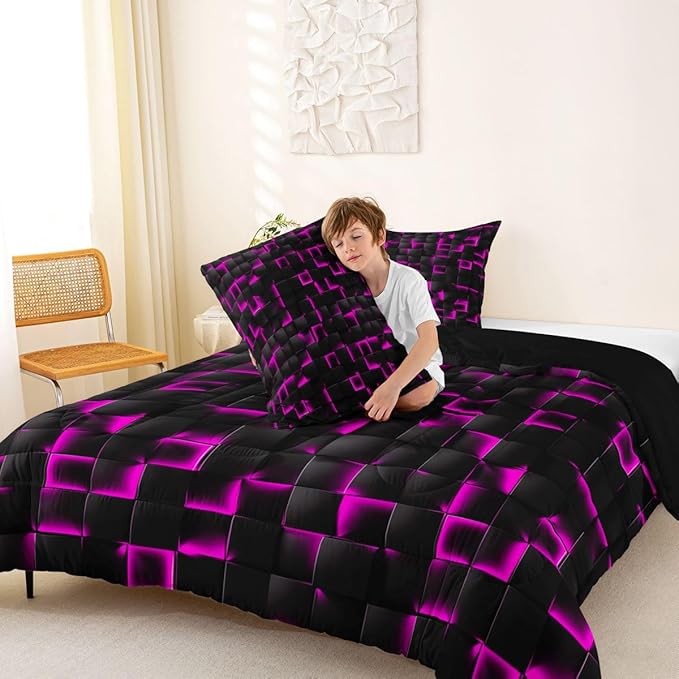 Erosebridal Neon Black Purple Comforter Set Full Violet Geometric Checkered Bedding Set for Kids Teen Adults Gaming Room Decor,Abstract Ombre Plaid Comforter Grids Quilt Duvet