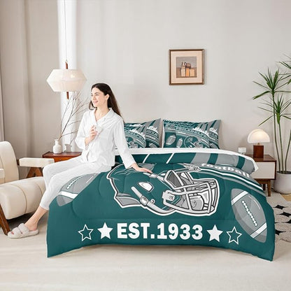 Feelyou Football 7 Pieces Comforter Sets Full Size Kids Rugby Sports Bedding Set for All Season Football City Bed in a Bag with Comforter, Sheets, Pillowcases & Cushion Cover