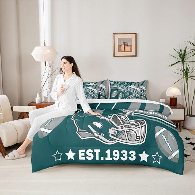 Feelyou Football 7 Pieces Comforter Sets Queen Size Kids Rugby Sports Bedding Set for All Season Football City Bed in a Bag with Comforter, Sheets, Pillowcases & Cushion Cover