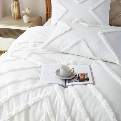 Cupocupa Queen Comforter Set Ivory Tufted Comforters Sets Bedding for Queen Bed 3PCS Boho Comforter Soft Fluffy Lightweight Comforter with 2 Pillow Cases for All Season