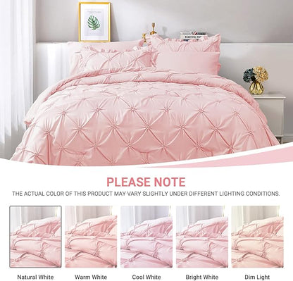 JOLLYVOGUE Queen Comforter Set 7 Pieces, Pink Bed in a Bag Comforter Set for Bedroom, Bedding Comforter Sets with Comforter, Sheets,Ruffled Shams & Pillowcases
