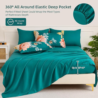 Drucon Floral Comforter Set Queen Size 7 Pieces Bed in a Bag, Teal Blue Floral Bedding Set, Soft Microfiber Comforter and Sheet Set for All Season (Queen, 90"x90")