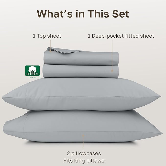 California Design Den Deep Pocket King Sheet Set - 1000 Thread Count Sateen, Thick and Natural 100% Cotton Sheets King Size, Durable Bedding Set - Light Grey