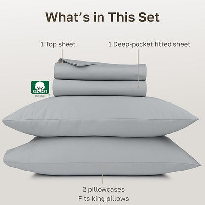 California Design Den Deep Pocket King Sheet Set - 1000 Thread Count Sateen, Thick and Natural 100% Cotton Sheets King Size, Durable Bedding Set - Light Grey