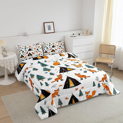 Feelyou Camping Comforter Set King Size Fox Comforter Camper Accessories for Travel Trailers Bedding Set Cute Duvet Set Room Decor Wool White Quilt Set